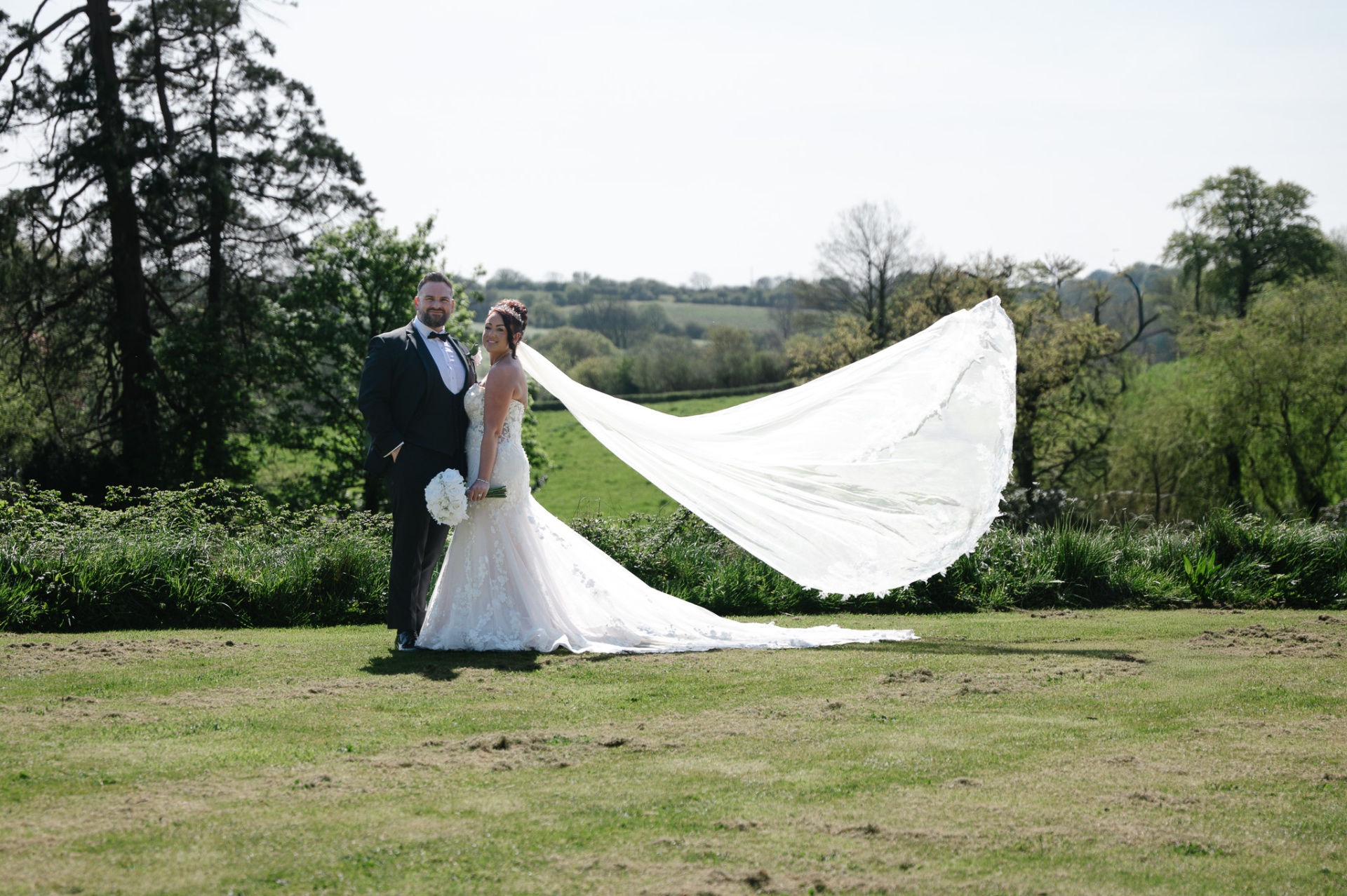 Bride's veil caught mid-air in the Worcestershire countryside